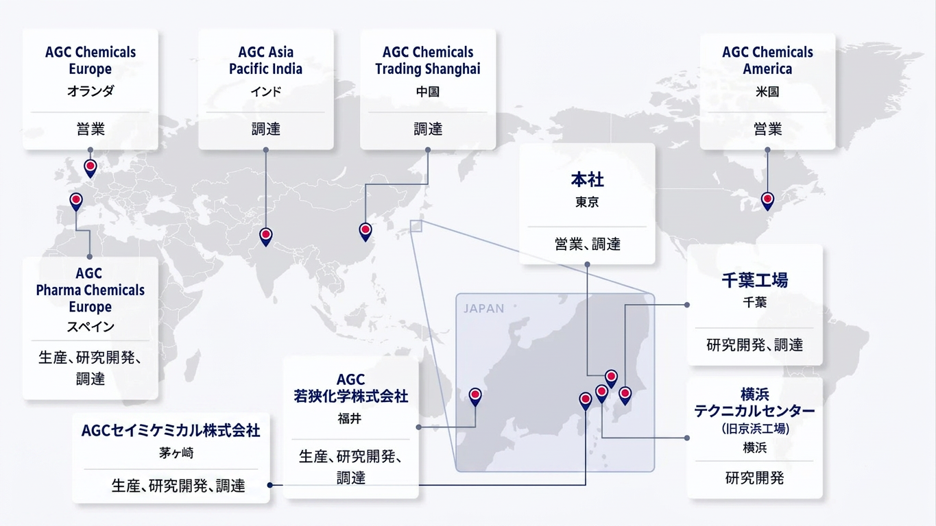 AGCファインケミカルズ事業のグローバル拠点マップ。日本(本社・千葉工場・横浜テクニカルセンター・若狭化学・AGCセイミケミカル(茅ヶ崎))を中心に、米国・中国・インド・オランダ・スペインに営業・調達・研究開発拠点を展開し、化成品・医薬品原薬・中間体のCDMO事業を世界規模で支える体制